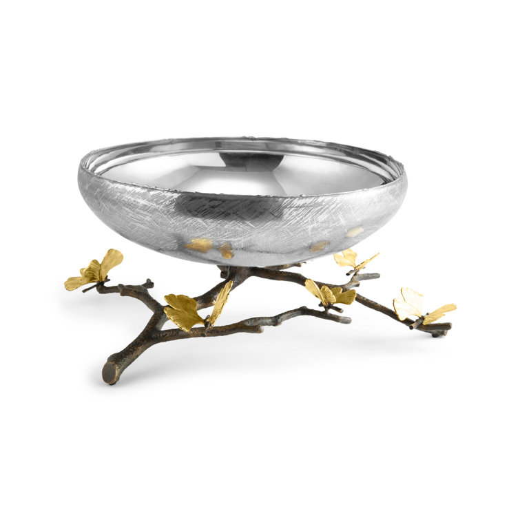 Butterfly Ginkgo Silver and Gold Embellished Fruit Bowl with Stand