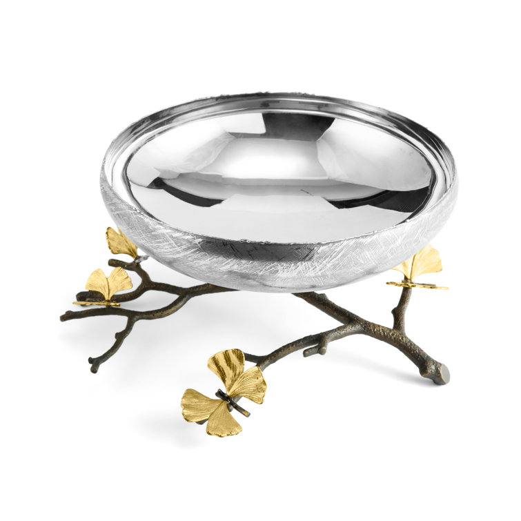Butterfly Ginkgo Silver and Gold Embellished Fruit Bowl with Stand