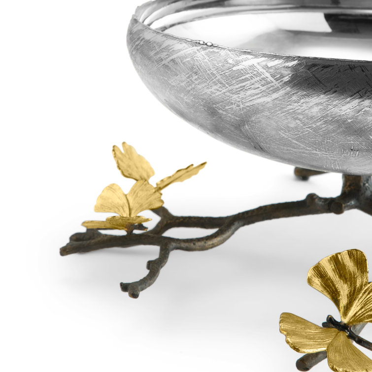 Butterfly Ginkgo Silver and Gold Embellished Fruit Bowl with Stand