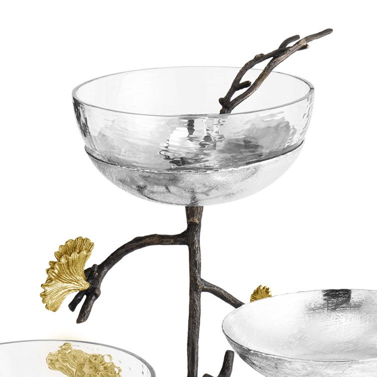 Silver and Bronze Triple Decorative Bowl Set with Ginkgo Design