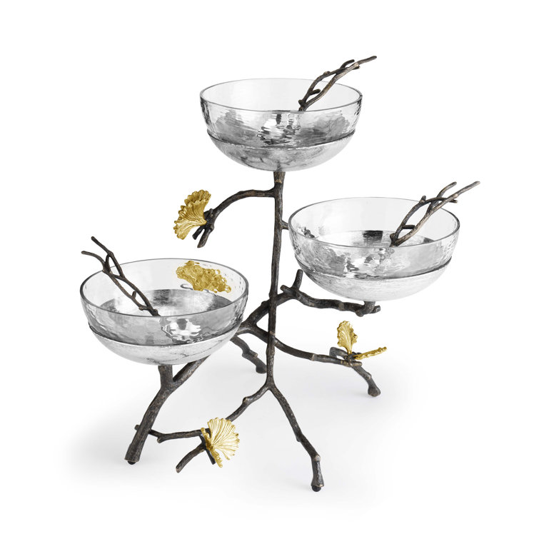 Silver and Bronze Triple Decorative Bowl Set with Ginkgo Design