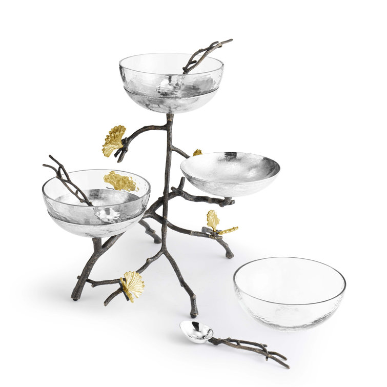 Silver and Bronze Triple Decorative Bowl Set with Ginkgo Design