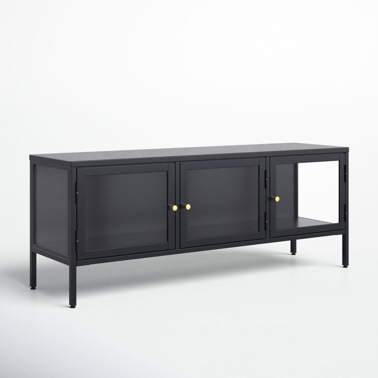 Black Metal and Glass 3-Cabinet TV Stand with Brass Knobs