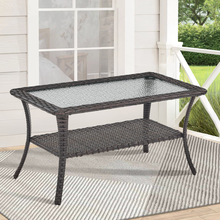 Carolina Brown Rectangular Wicker Outdoor Coffee Table with Glass Top