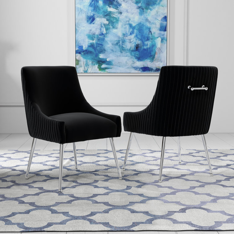 Black Velvet Upholstered Side Chair with Silver Metal Legs