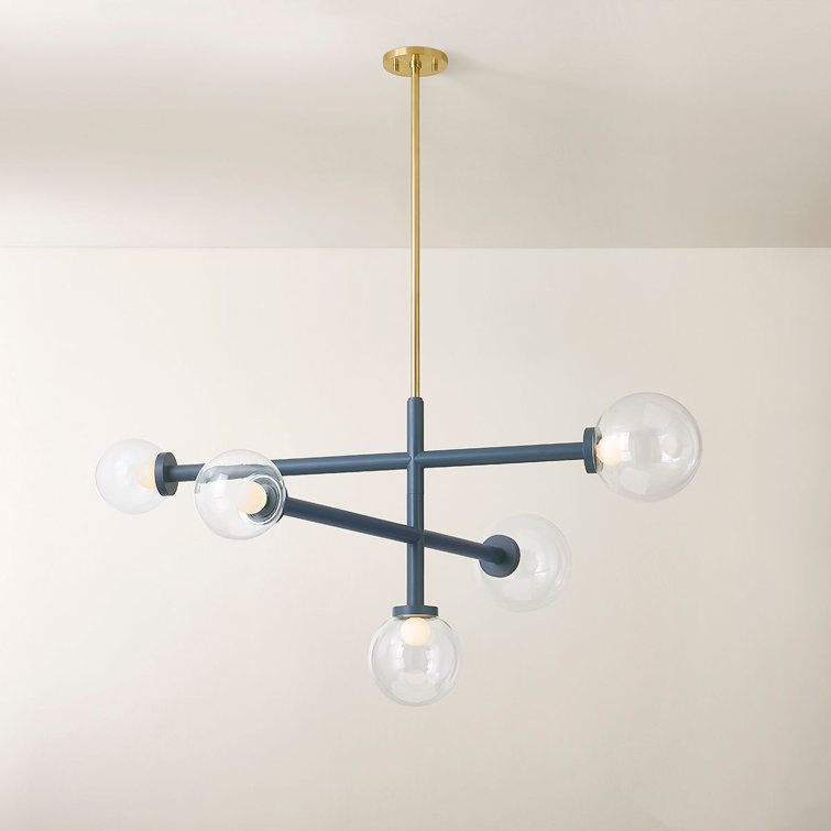 Aged Brass and Blue 5-Light Chandelier with Clear Glass Shades