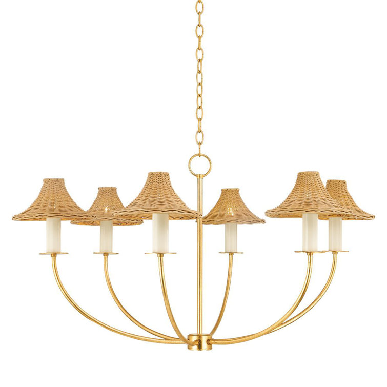 Vintage Gold Leaf 6-Light Chandelier with Rattan Shades