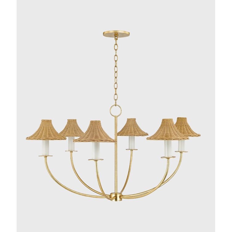 Vintage Gold Leaf 6-Light Chandelier with Rattan Shades