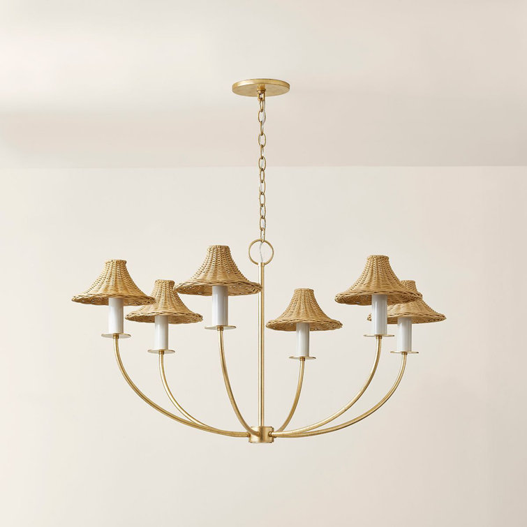 Vintage Gold Leaf 6-Light Chandelier with Rattan Shades