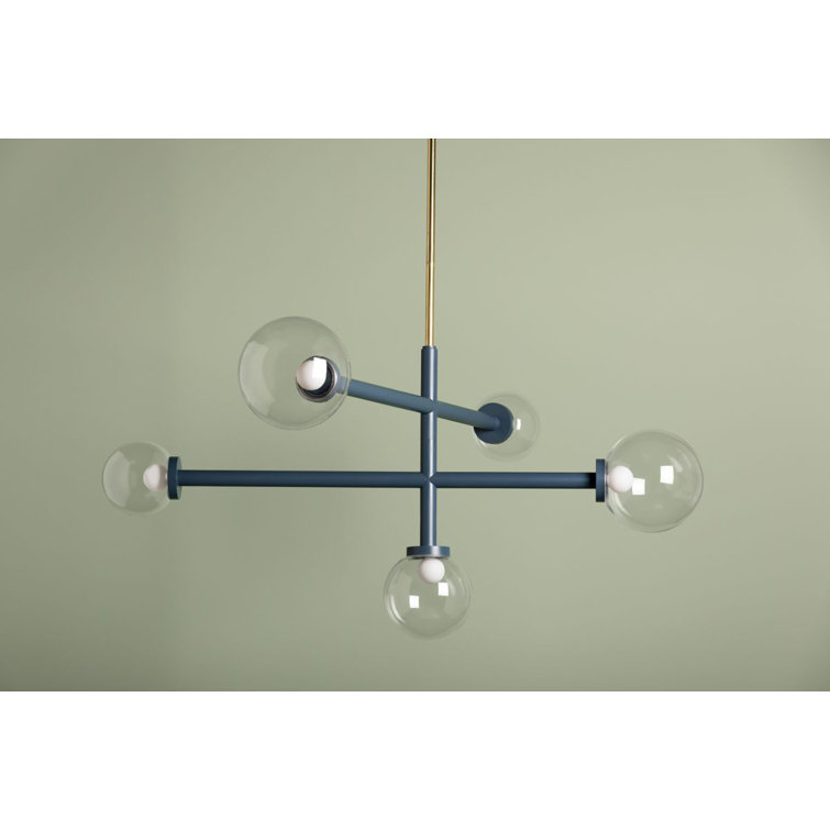 Aged Brass and Blue 5-Light Chandelier with Clear Glass Shades