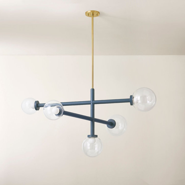Aged Brass and Blue 5-Light Chandelier with Clear Glass Shades