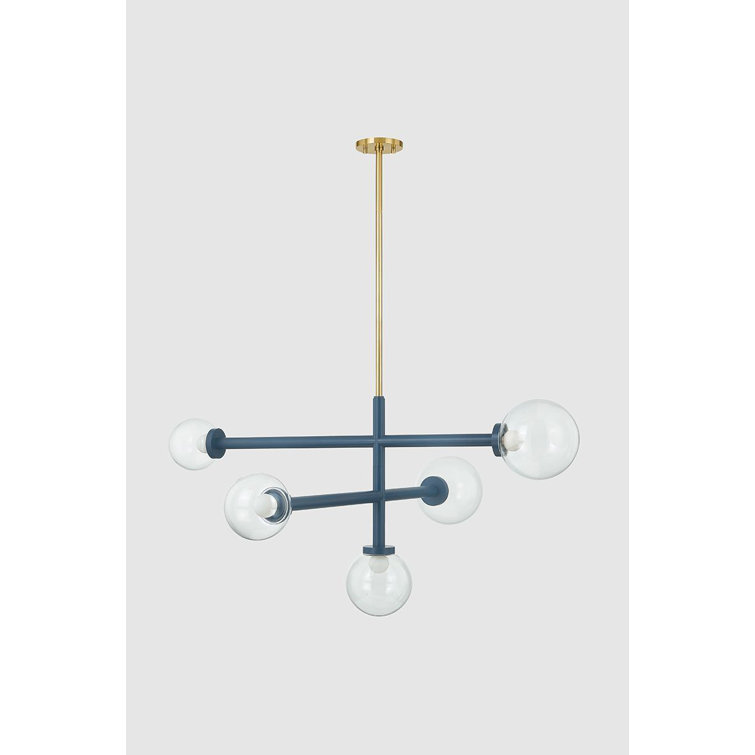 Aged Brass and Blue 5-Light Chandelier with Clear Glass Shades