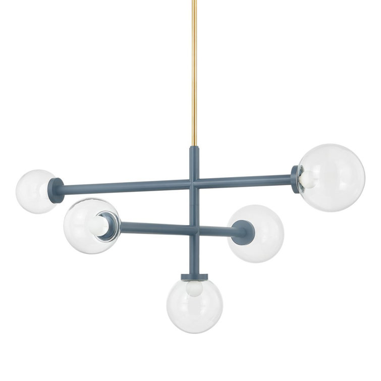 Aged Brass and Blue 5-Light Chandelier with Clear Glass Shades