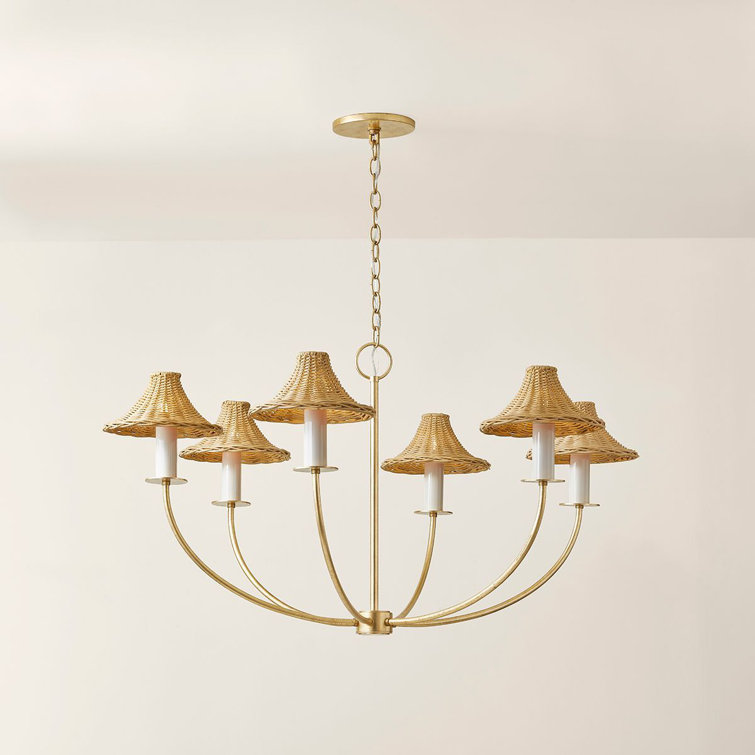 Vintage Gold Leaf 6-Light Chandelier with Rattan Shades