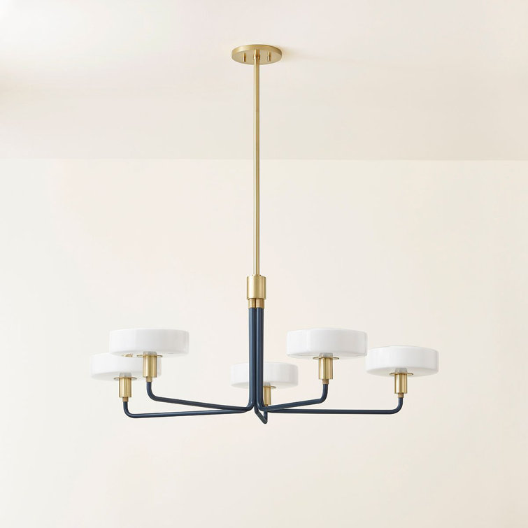 Slate Blue and Brass 39" Modern Chandelier with Opal Glass Shades