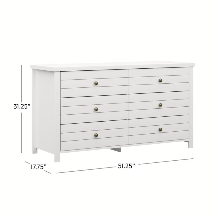 Harmony Coastal 6-Drawer Matte White Dresser with Metal Pulls