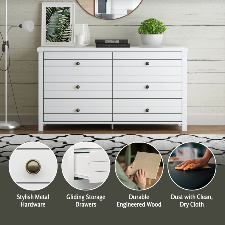 Harmony Coastal 6-Drawer Matte White Dresser with Metal Pulls