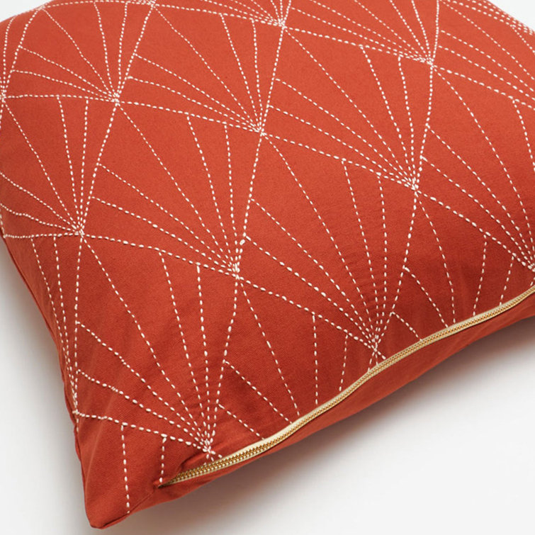 Rust Embroidered Square Cotton Throw Pillow