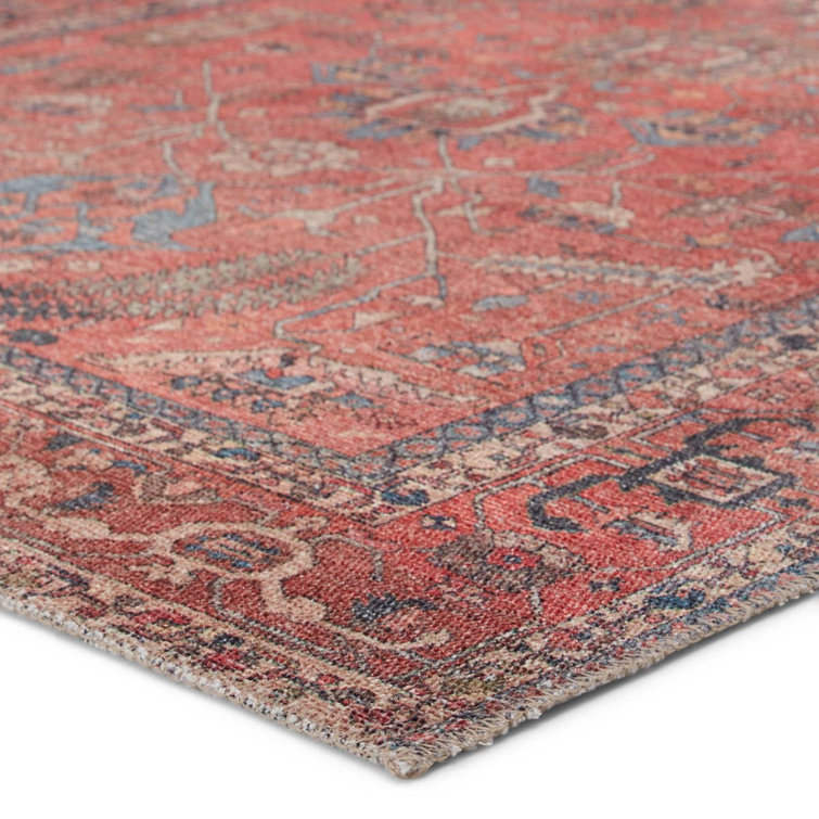 Machine Washable Red Oriental Cotton Synthetic Area Rug 6' x 9'