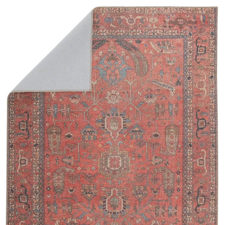 Machine Washable Red Oriental Cotton Synthetic Area Rug 6' x 9'