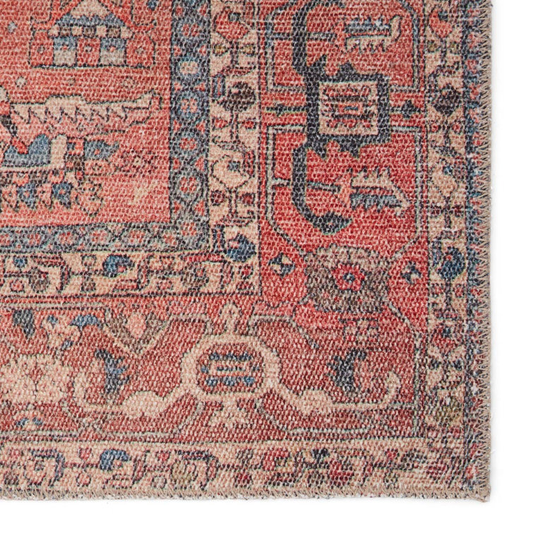 Machine Washable Red Oriental Cotton Synthetic Area Rug 6' x 9'