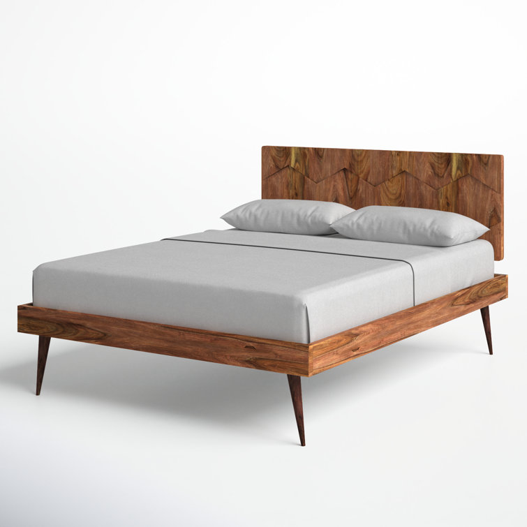 Queen Sheesham Wood Platform Bed with Geometric Headboard