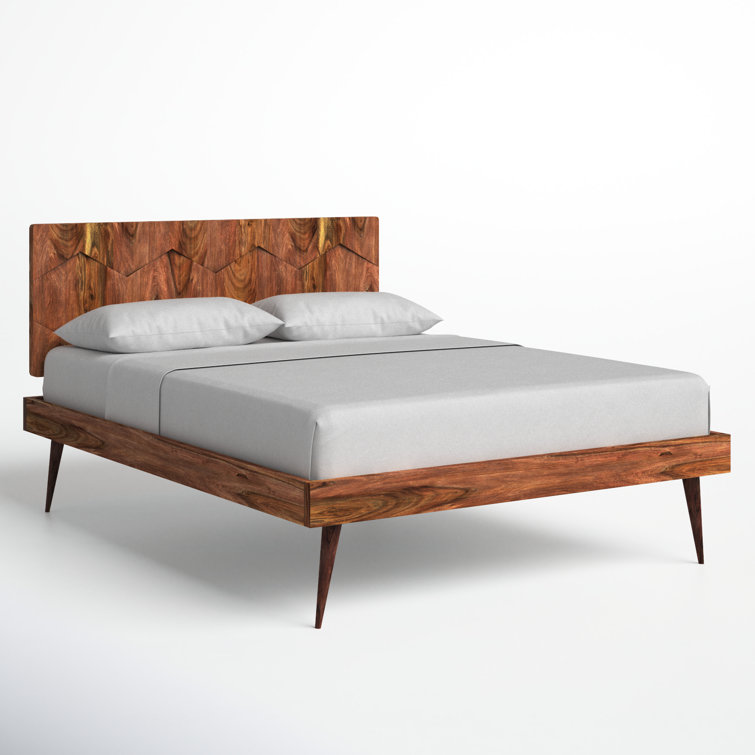 Queen Sheesham Wood Platform Bed with Geometric Headboard