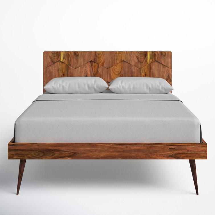 Queen Sheesham Wood Platform Bed with Geometric Headboard