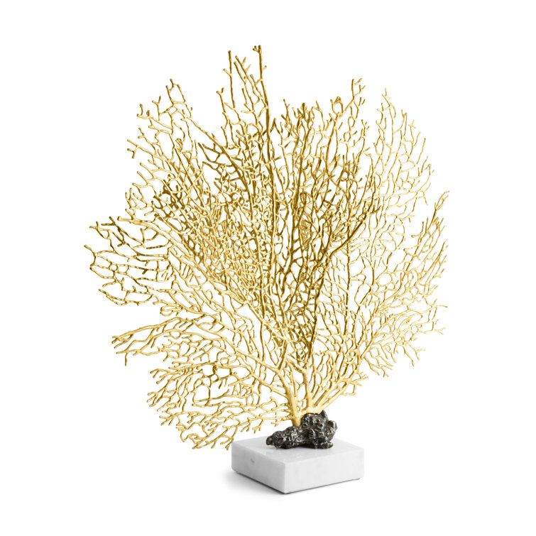 Gold Fan Coral Sculpture with Marble Base