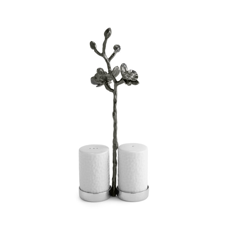 Black Orchid Porcelain Salt and Pepper Set with Metal Stand