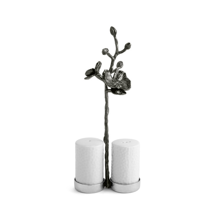 Black Orchid Porcelain Salt and Pepper Set with Metal Stand