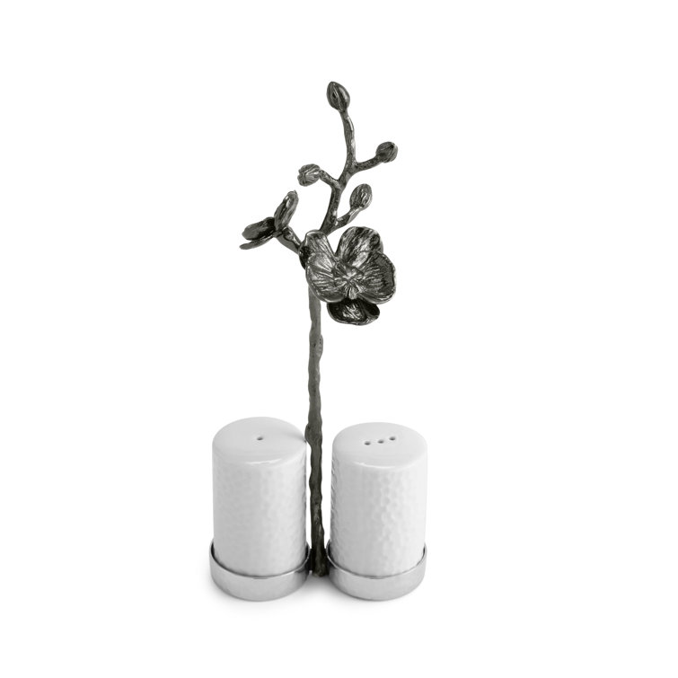 Black Orchid Porcelain Salt and Pepper Set with Metal Stand