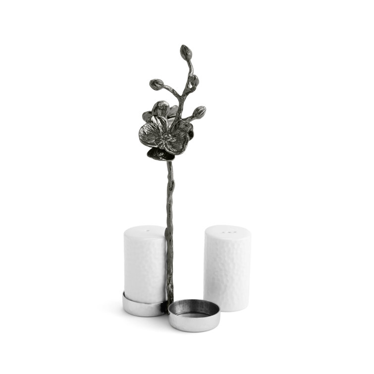 Black Orchid Porcelain Salt and Pepper Set with Metal Stand
