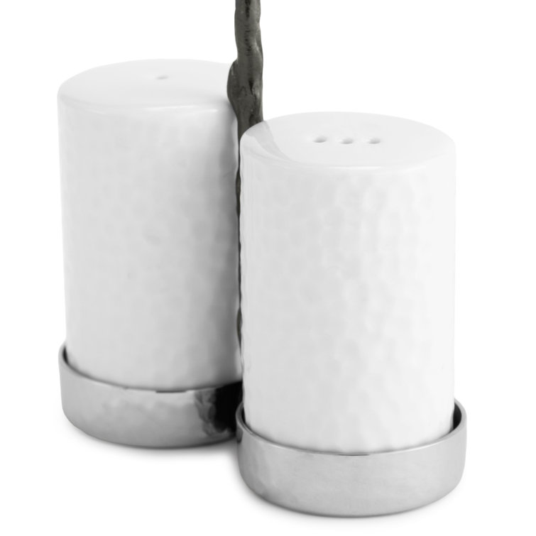 Black Orchid Porcelain Salt and Pepper Set with Metal Stand