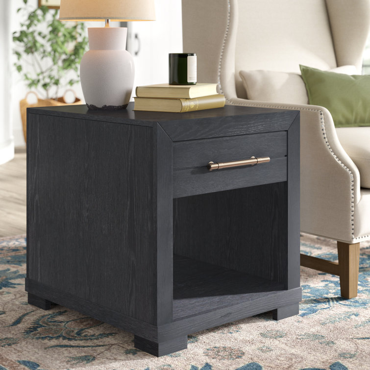 Charred Oak Rectangular End Table with Storage and Pewter Bar Pull