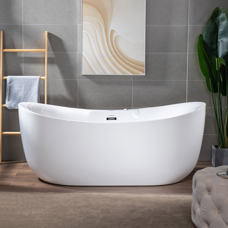 72" White Acrylic Freestanding Heated Soaking Bathtub