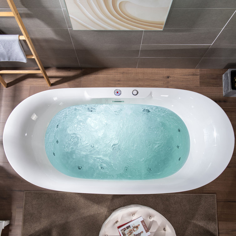 72" White Acrylic Freestanding Heated Soaking Bathtub