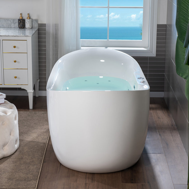72" White Acrylic Freestanding Heated Soaking Bathtub