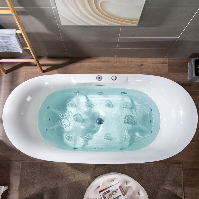 72" White Acrylic Freestanding Heated Soaking Bathtub