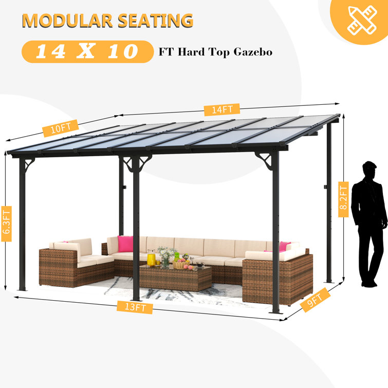 14' x 10' Black Aluminum Pergola with UV-Resistant Canopy