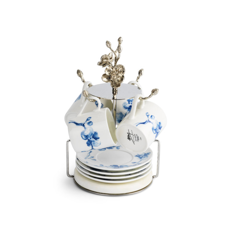 Blue Orchid Porcelain Demitasse Set with Stainless Steel Stand