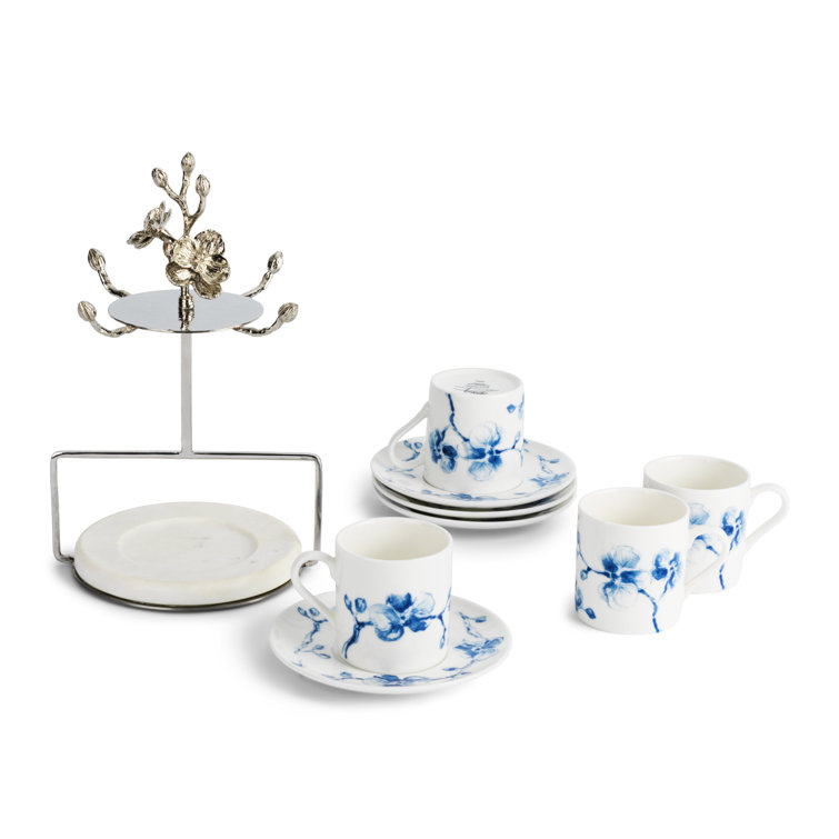 Blue Orchid Porcelain Demitasse Set with Stainless Steel Stand