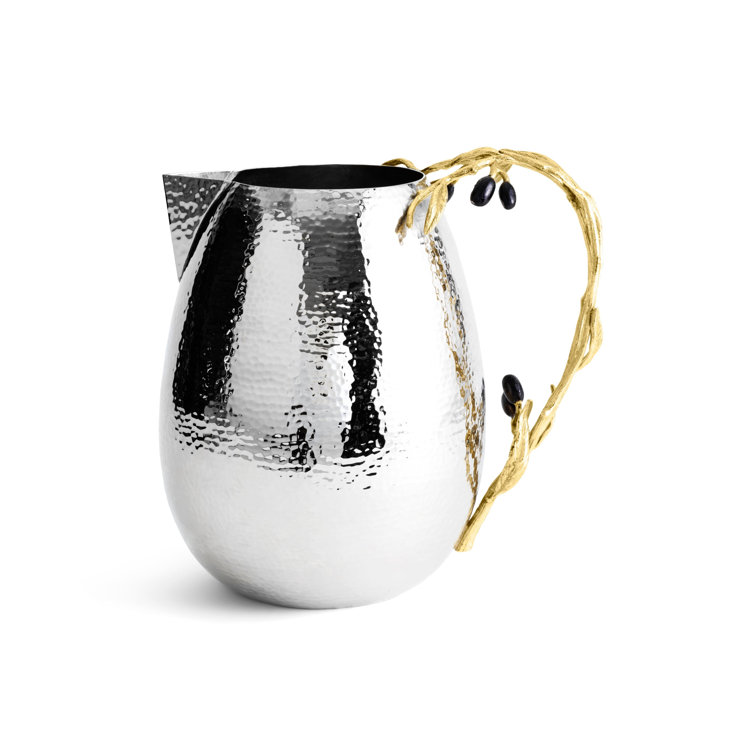 Silver Hammered Metal Pitcher with Gold Olive Branch Handle