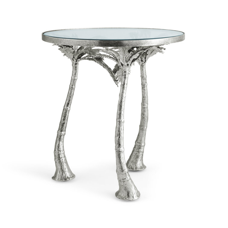 Windswept Palm Round Silver Metal & Glass Side Table