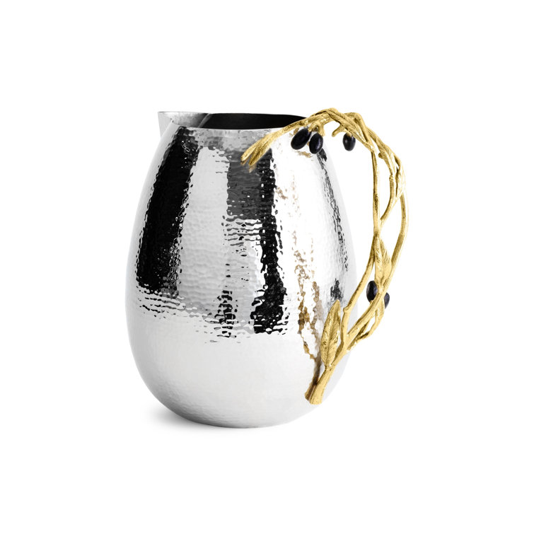 Silver Hammered Metal Pitcher with Gold Olive Branch Handle