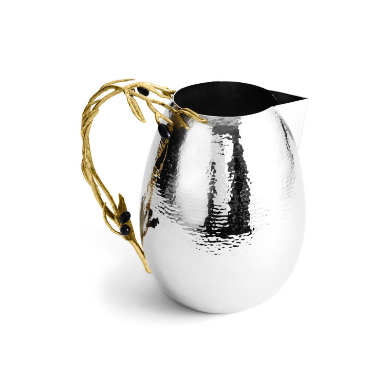 Silver Hammered Metal Pitcher with Gold Olive Branch Handle
