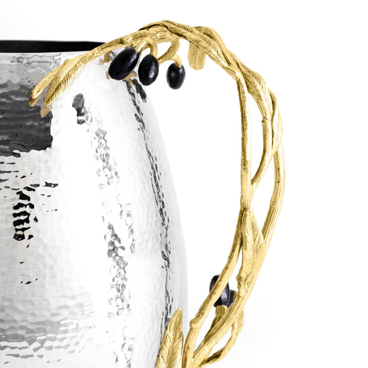 Silver Hammered Metal Pitcher with Gold Olive Branch Handle