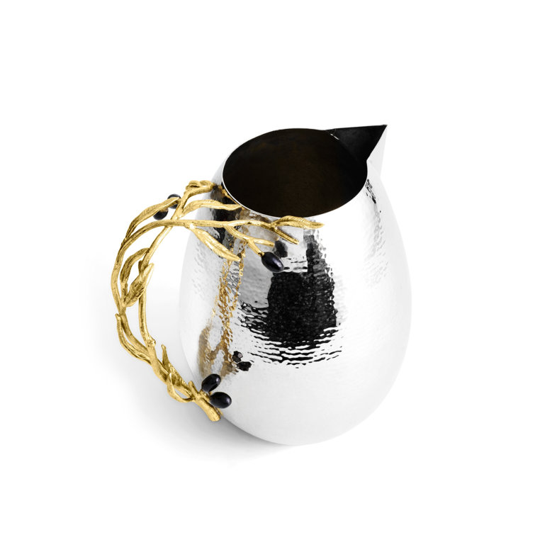 Silver Hammered Metal Pitcher with Gold Olive Branch Handle