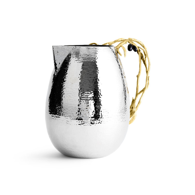 Silver Hammered Metal Pitcher with Gold Olive Branch Handle