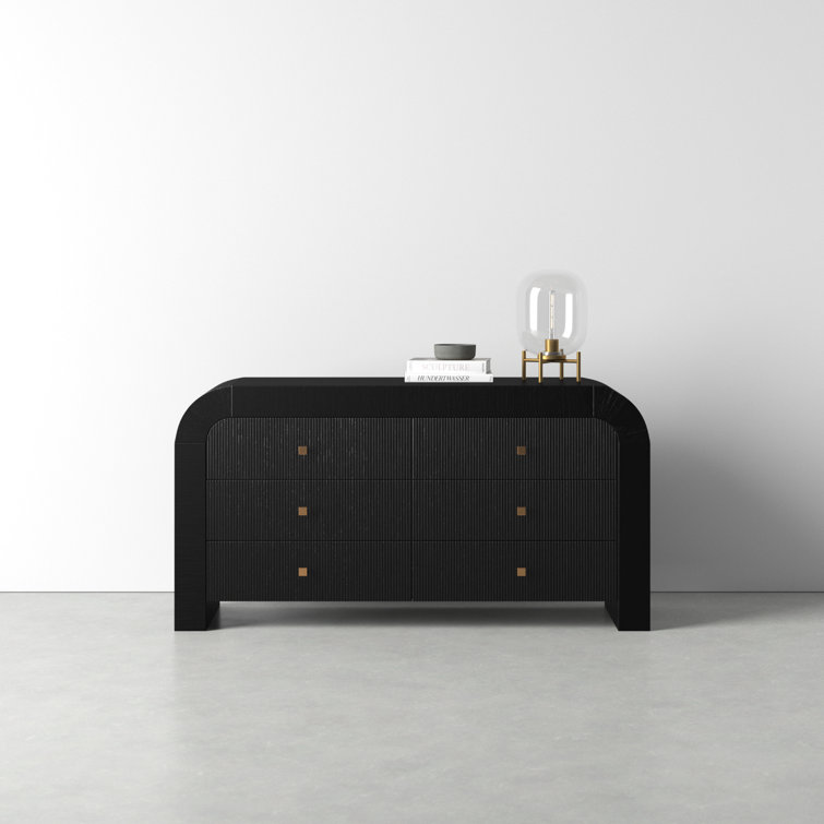 Modern Acacia and Black MDF 6-Drawer Dresser with Soft Close